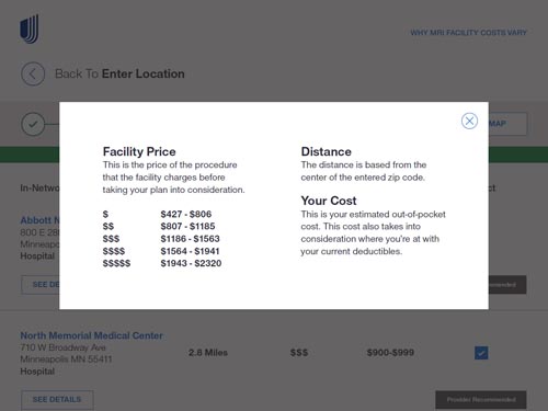 Facility price, Distance and Estimated out-of-pocket Cost